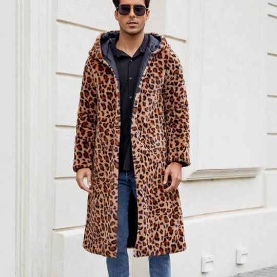 Herren Eleganter Kunstfellmantel mit Leopardenmuster Heidi-Mode
