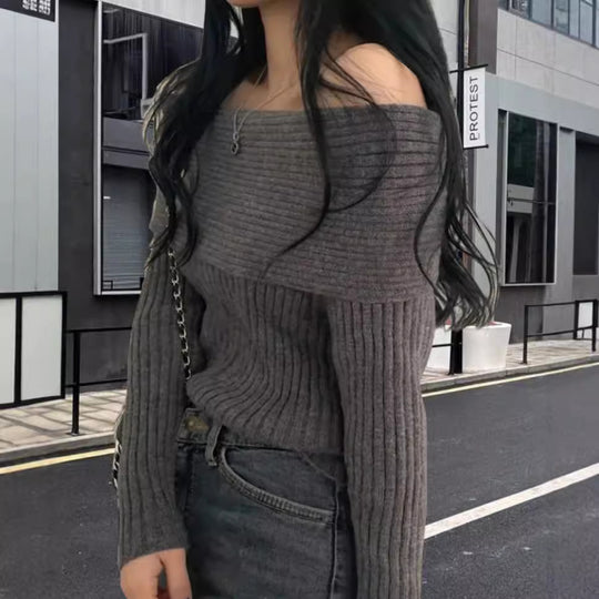 Damen Off-Shoulder Strickpullover mit elastischem Rippdesign Heidi-Mode
