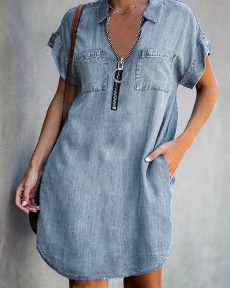 Damen Chambray Kleid mit Reißverschluss und praktischen Taschen Heidi-Mode