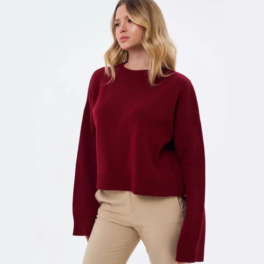 Damen gemütlicher Cropped-Pullover mit lässigen Ballonärmel und Rippstruktur Heidi-Mode