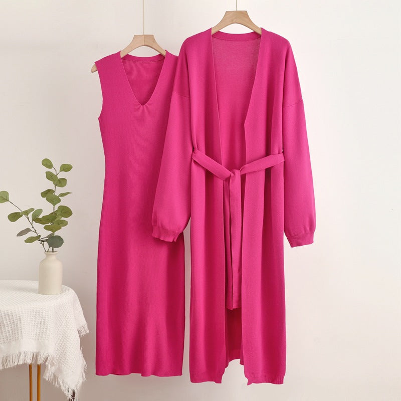 Damen 2-teiliges Kleid und Cardigan-Set mit V-Ausschnitt Heidi-Mode