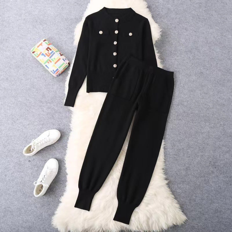 Damen elegantes Strickanzug-Set mit Knopfdétails Heidi-Mode