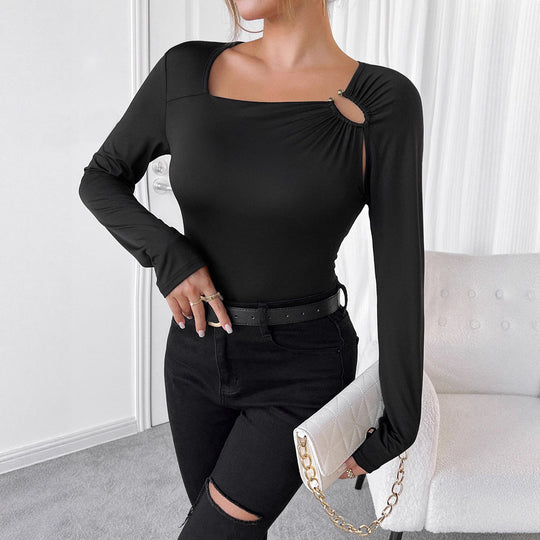 Damen Longsleeve Oberteil mit asymmetrischem Ausschnitt und dekorativen Knöpfen Heidi-Mode