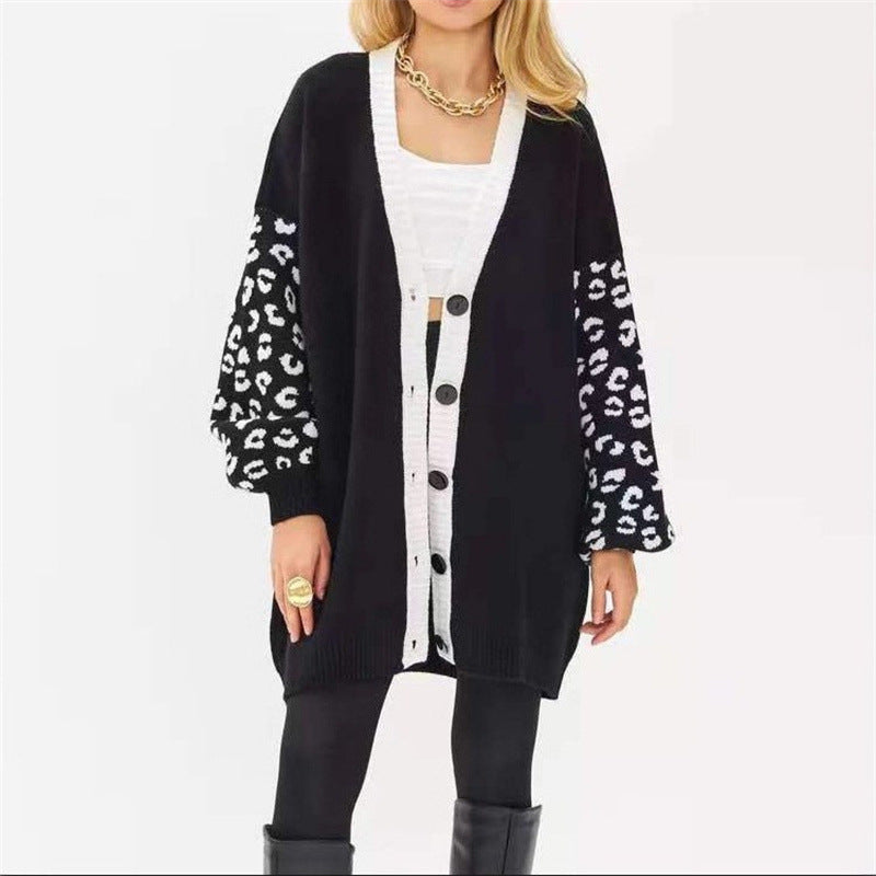Damen Grobstrick Cardigan mit Leopardenmuster und Knopfdetaillierung Heidi-Mode