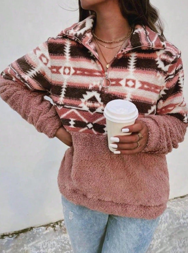 Damen Fleece-Pullover mit modernem Aztekenmuster und Stehkragen Heidi-Mode