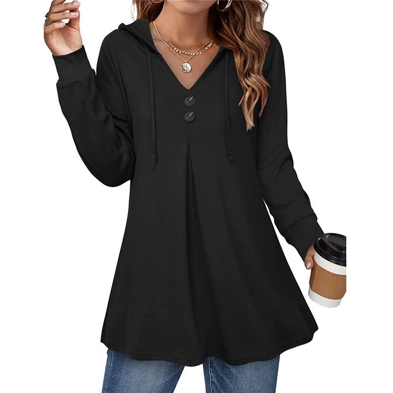 Damen Kapuzenpullover mit V-Ausschnitt und dekorativen Knöpfen Heidi-Mode