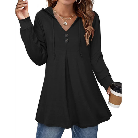 Damen Kapuzenpullover mit V-Ausschnitt und dekorativen Knöpfen Heidi-Mode