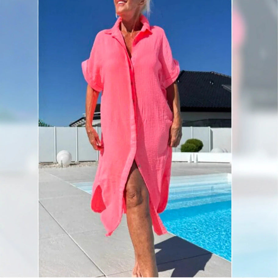 Damen Leichtes Baumwoll Button-Up Überkleid Heidi-Mode