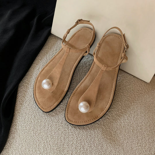 Damen Perlenverzierte T-Strap Flache Sandalen Heidi-Mode