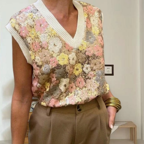 Damen Glamouröses Strickoberteil mit Blumenapplikationen und funkelnden Pailletten Heidi-Mode