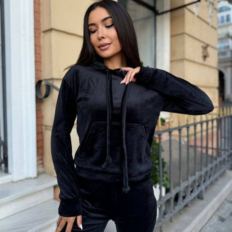 Damen sportlicher Velours-Jogginganzug mit Kapuze und elastischem Bund Heidi-Mode