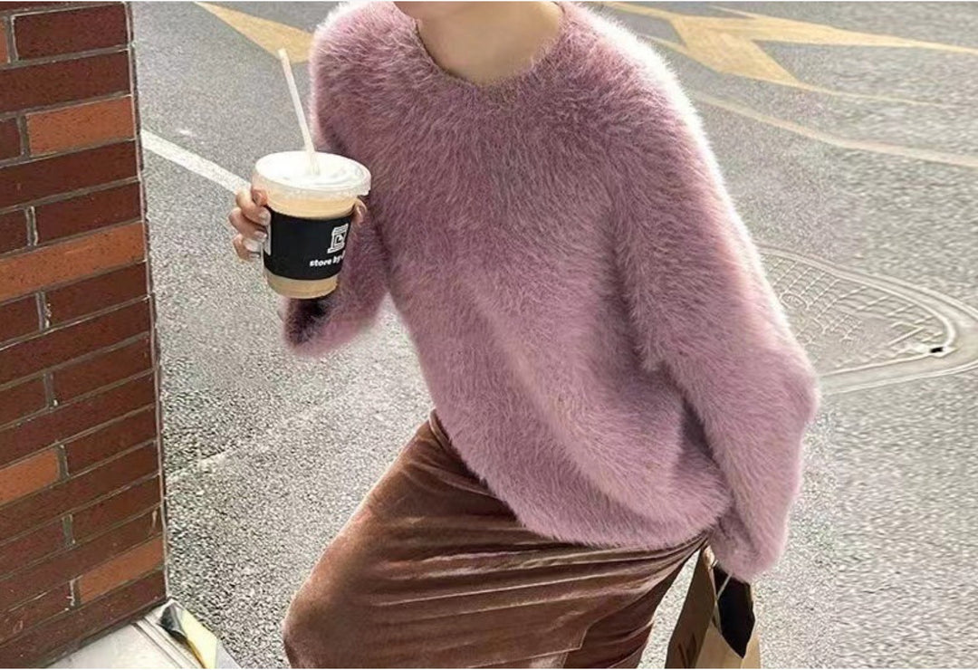 Damen Flauschiger Pullover mit lässigem Schnitt und hohem Rundhalsausschnitt Heidi-Mode
