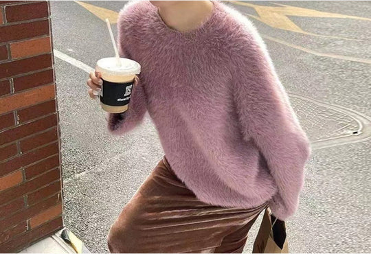 Damen Flauschiger Pullover mit lässigem Schnitt und hohem Rundhalsausschnitt Heidi-Mode