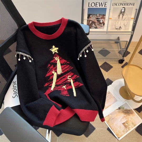 Damen festlicher Strickpullover mit Tannenbaum-Motiv und verspielten Akzenten Heidi-Mode