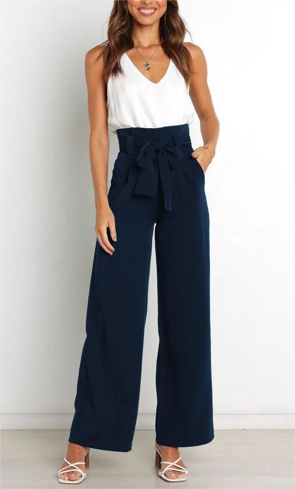 Damen Weit geschnittene High-Waist-Hose mit Binde-Gürtel und Taschen Heidi-Mode