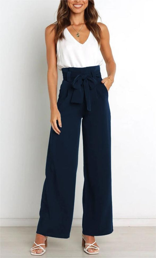 Damen Weit geschnittene High-Waist-Hose mit Binde-Gürtel und Taschen Heidi-Mode