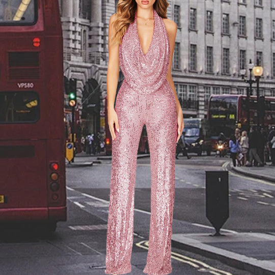 Damen Glitzerndes Jumpsuit mit tiefem V-Ausschnitt und weitem Bein Heidi-Mode