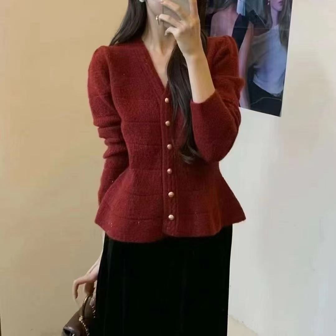 Damen elegante Strickjacke mit strukturiertem Design und femininen Puffärmeln Heidi-Mode