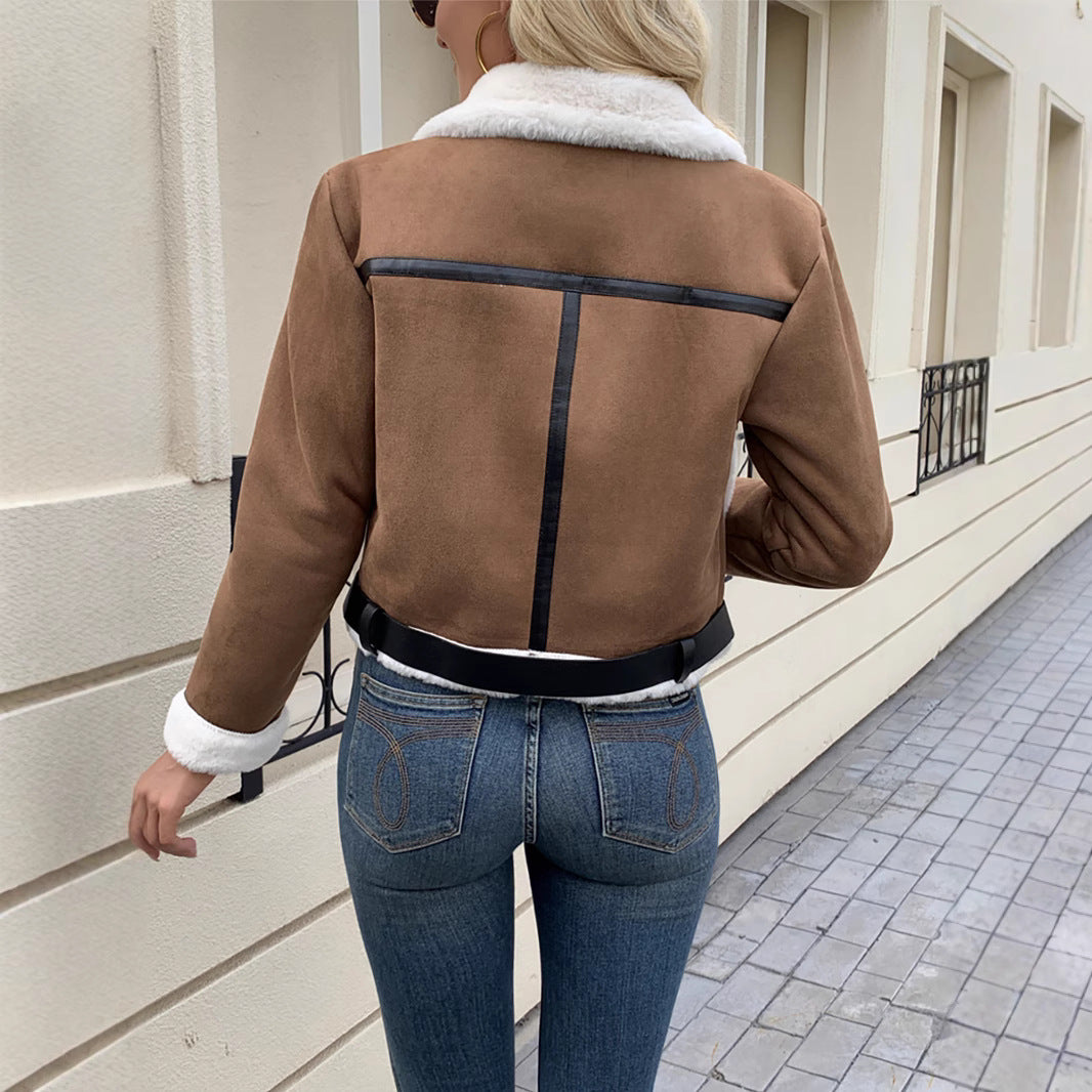 Damen Stylische Jacke mit Kunstfellbesatz und dekorativen Schnallen Heidi-Mode