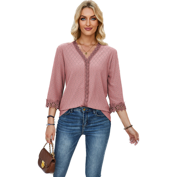 Damen Bluse mit dekorativem Lochmuster und Spitzendetail Heidi-Mode