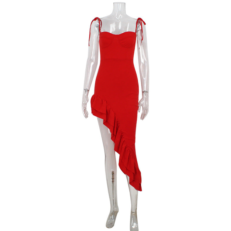 Heidi-Mode | Frühling Sexy Röhren Oben Unregelmäßig Asymmetrisch Kleid Rüsche Socialite Trägerkleid