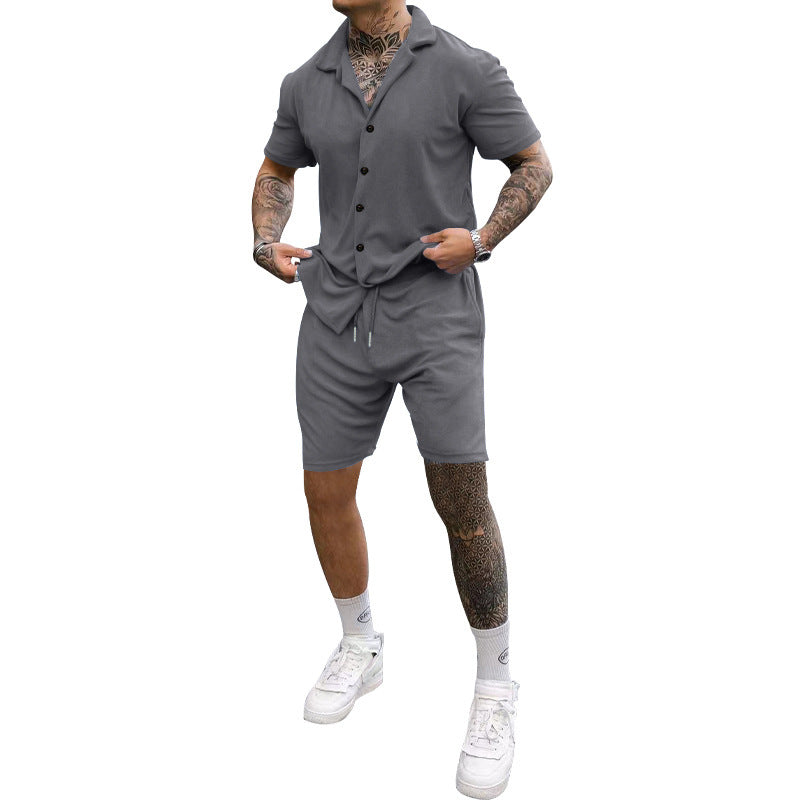Herren Freizeit-Kurzarm-Set mit Knopfleiste und verstellbarem Kordelzug Heidi-Mode