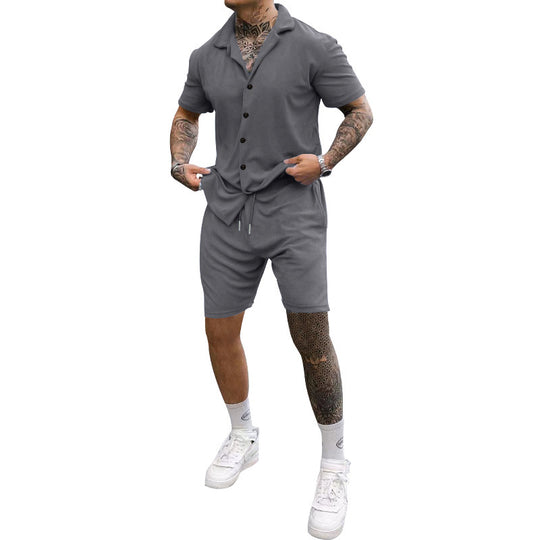 Herren Freizeit-Kurzarm-Set mit Knopfleiste und verstellbarem Kordelzug Heidi-Mode