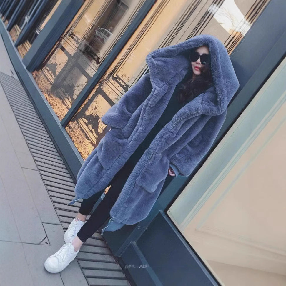 Damen Übergroßer Kunstfellmantel mit Kapuze und Taschen Heidi-Mode