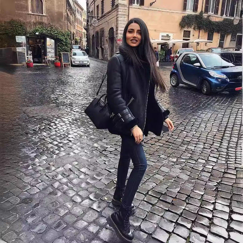 Damen modische jacke mit Kunstfellkragen und asymmetrischem Reißverschluss Heidi-Mode