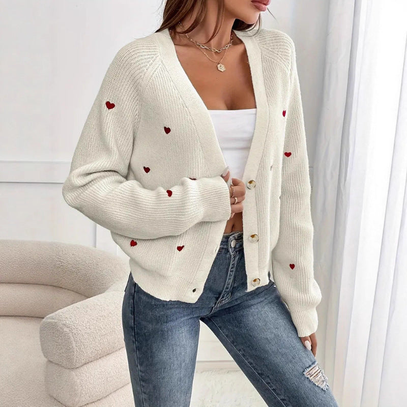 Damen Strickjacke mit Herzmotiven und Knopfverschluss Heidi-Mode