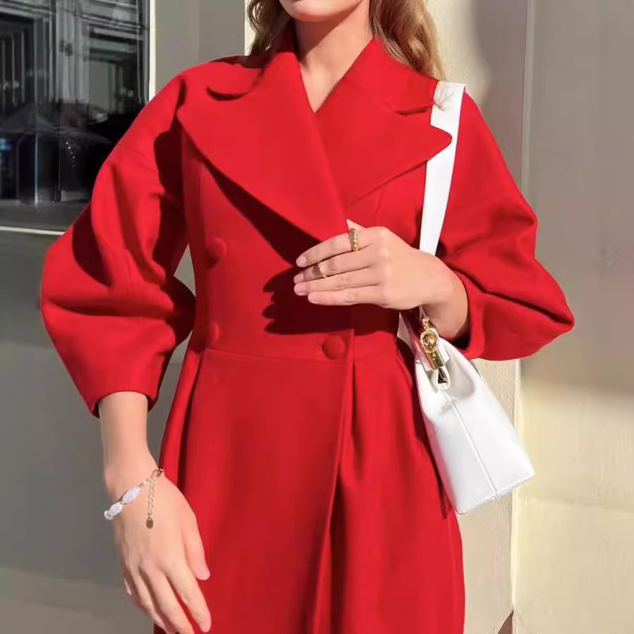 Damen eleganter Trenchcoat mit hohem Schlitz und Puffärmeln Heidi-Mode