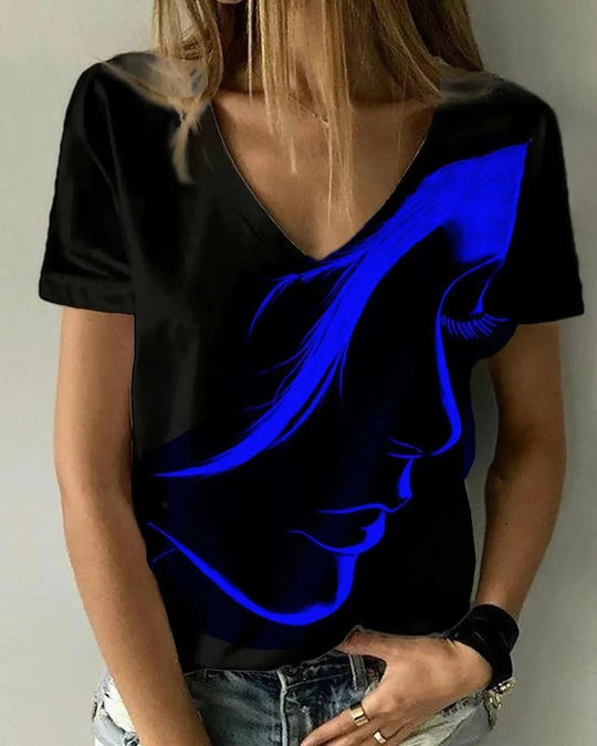 Damen V-Ausschnitt T-Shirt mit kreativem Grafikdruck Heidi-Mode
