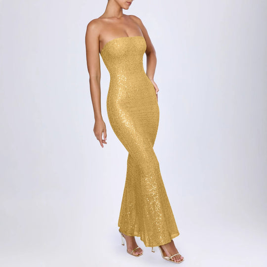 Damen Trägerloses Glamour-Maxi-Kleid mit schimmernden Pailletten und elegantem Schnitt Heidi-Mode