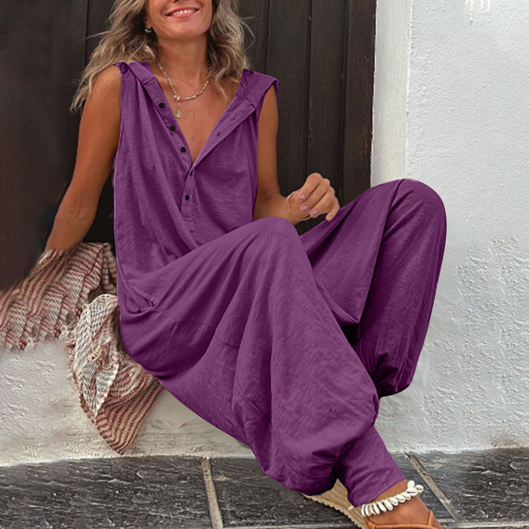 Damen Lässiger Jumpsuit mit Kapuze und Knopfdetails Heidi-Mode
