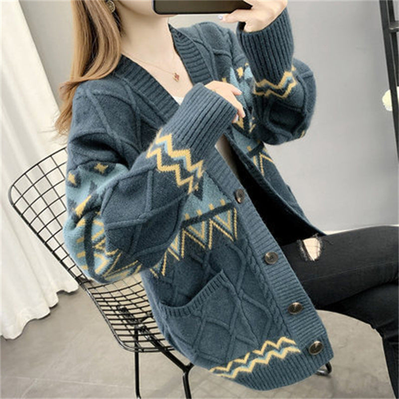Damen Grobstrick-Cardigan mit modernem Muster und praktischen Taschen Heidi-Mode