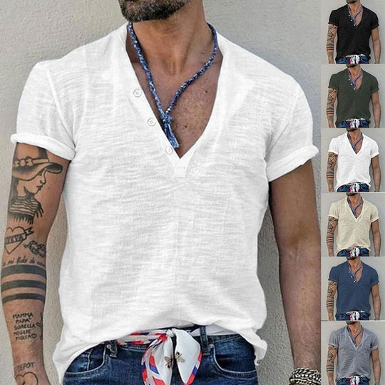 Herren Kurzarm Henley-Shirt mit dekorativen Knöpfen und atmungsaktiver Struktur Heidi-Mode
