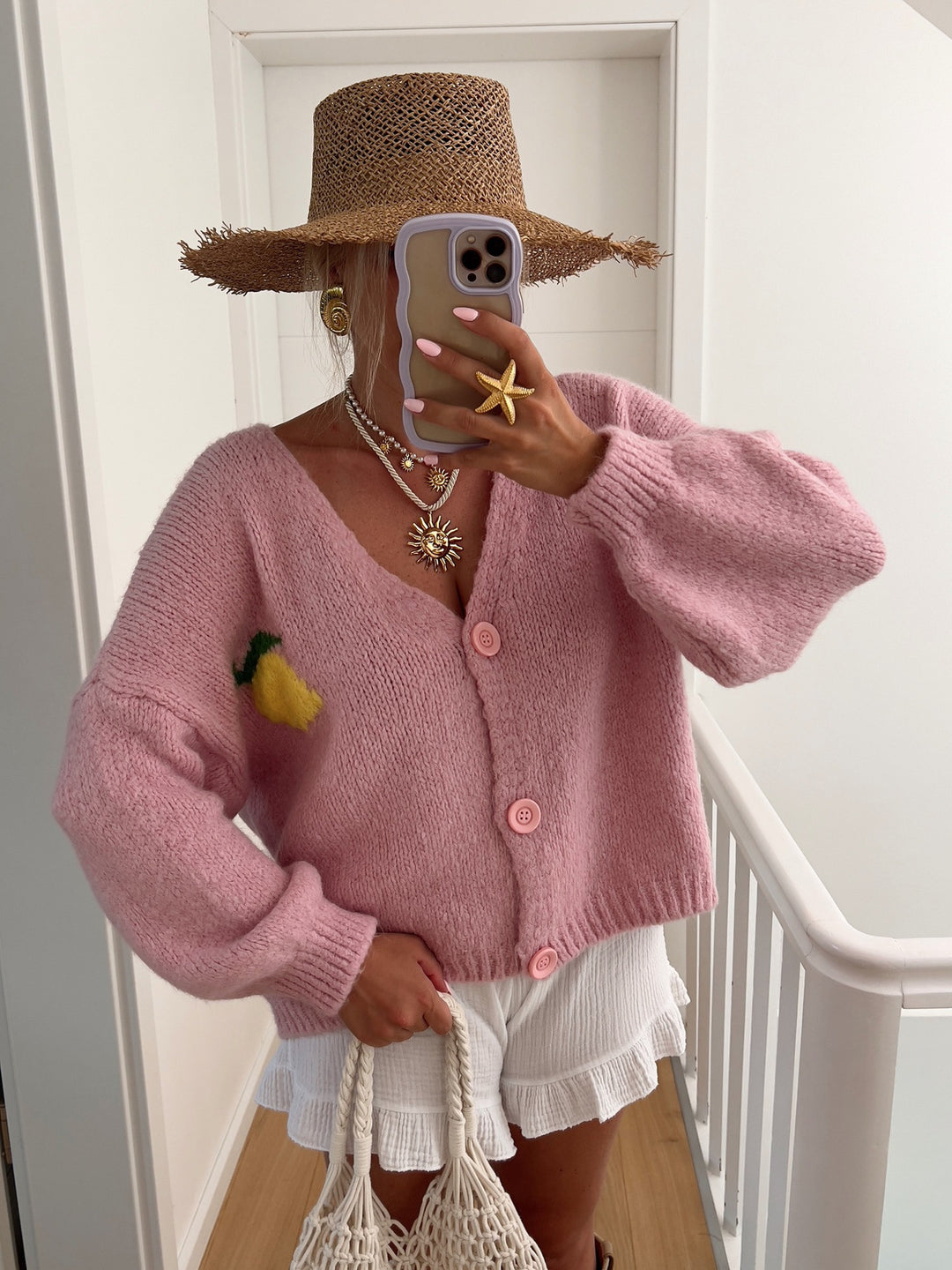 Damen Strickjacke mit fröhlichem Zitronenmotiv und Oversized-Schnitt Heidi-Mode