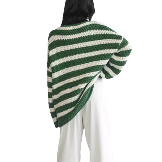 Damen lässiger gehäkelter Pullover mit modernen Blockstreifen Heidi-Mode