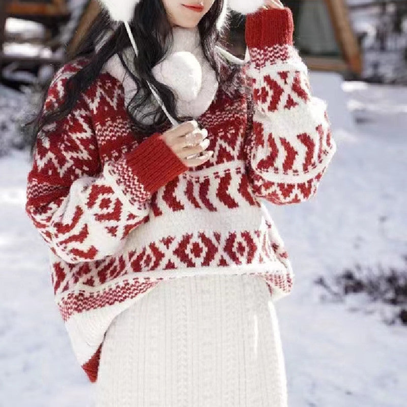 Damen gemütlicher Norwegerpullover mit dekorativem Muster und voluminösen Ärmeln Heidi-Mode