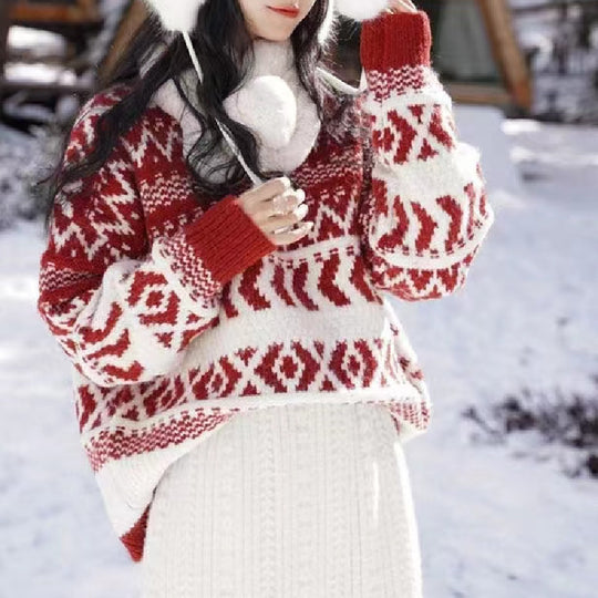 Damen gemütlicher Norwegerpullover mit dekorativem Muster und voluminösen Ärmeln Heidi-Mode