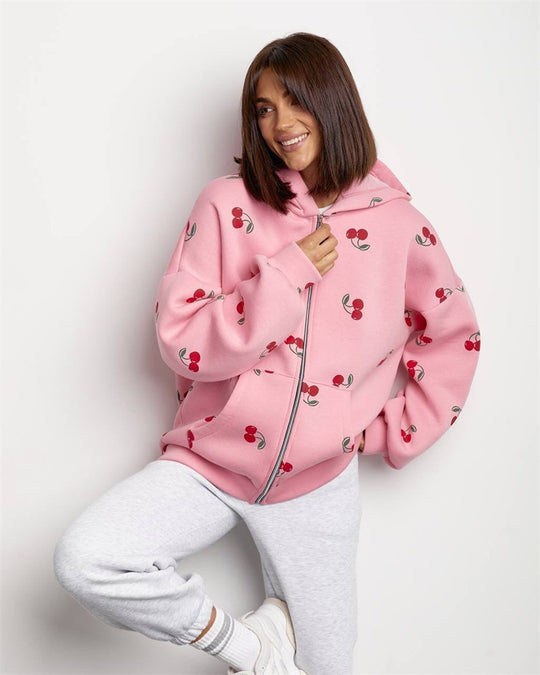 Damen Oversized Kapuzenjacke mit fruchtigem Print und praktischen Taschen Heidi-Mode