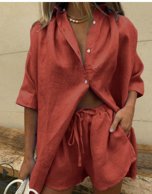 Damen lässiges Leinen-Set mit oversized Hemd und kurzen Hosen Heidi-Mode