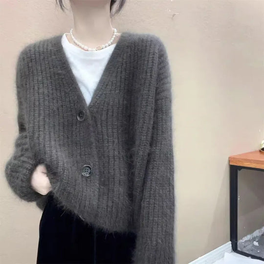 Damen Kuscheliger Strickcardigan mit großen Knöpfen Heidi-Mode