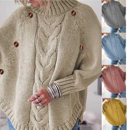 Damen Oversized Strickpullover mit Hochkragen und dekorativen Knopfdetails Heidi-Mode