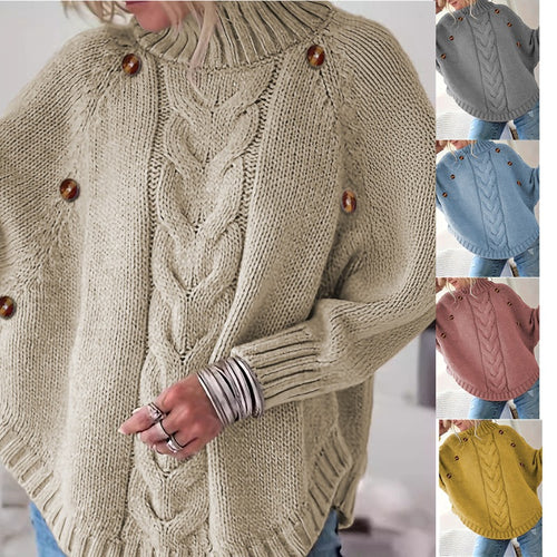 Damen Oversized Strickpullover mit Hochkragen und dekorativen Knopfdetails Heidi-Mode