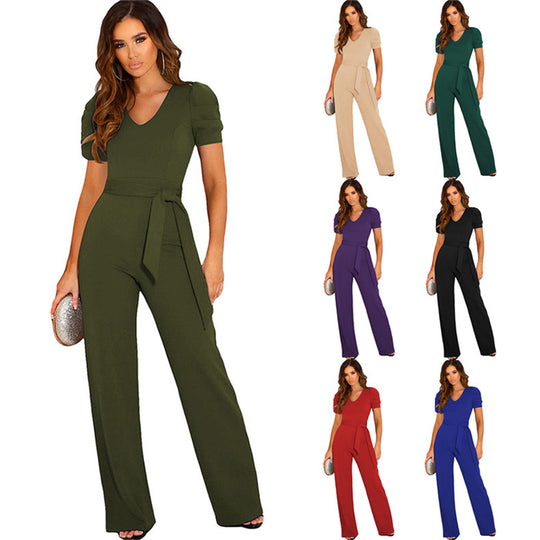 Damen Eleganter Jumpsuit mit Taillengürtel und Puffärmel Heidi-Mode