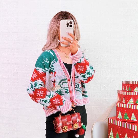 Damen Strickjacke im festlichen Design mit Weihnachtsmotiven Heidi-Mode