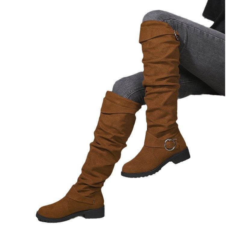 Damen Overknee-Stiefel aus weichem Wildleder mit dekorativem Schnallen-Detail Heidi-Mode