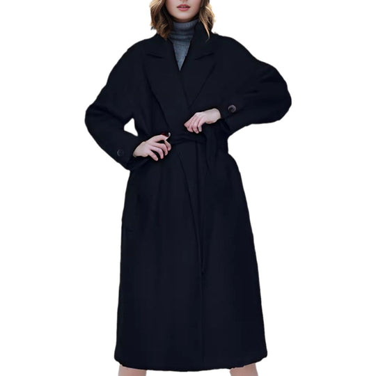 Damen eleganter langer Mantel mit breitem Revers und Gürtel Heidi-Mode