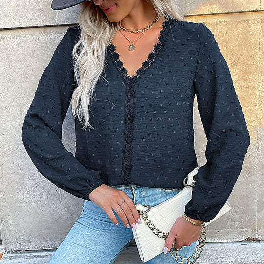 Damen Bluse mit feinen Strukturdetails und romantischem Spitzeneinsatz Heidi-Mode